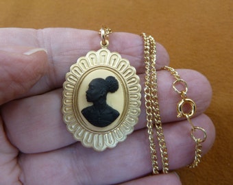 RARE African American Lady Woman ivory + black oval CAMEO small starburst brass pendant 18" necklace jewelry (CA30-14)