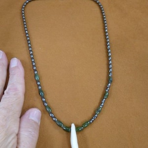 COYOTE wild dog one 1 Tooth TEETH Jewelry black hematite + green jade gemstone bead beads beaded 20" long NECKLACE W30-2