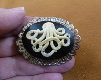 Octopus Kraken ivory + black oval CAMEO brass Pin Pendant brooch cephalopod jewelry cm187-3