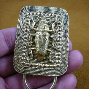 May include: A gold-toned belt buckle with a detailed beetle design. The buckle is surrounded by a textured border and has a ring for attaching a belt.
