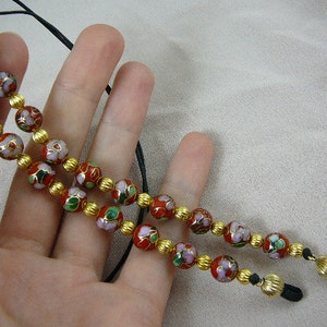 bright Red Cloisonné round bead with pink flower beaded Eyeglass Eye glass leash holder gold necklace accessory E-47