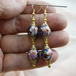 Blue with pink flower 12 mm round two Cloisonne beads and gold beaded + filigree cap accents dangle earring pair EE-600-445