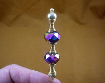 two bead purple iridescent faceted glass beaded spring and gold beads hatpin ladies pin hat U-70-18