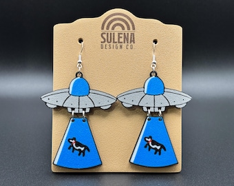 UFO Abduction Earrings: 3D Printed Alien Cow Dangle Earrings
