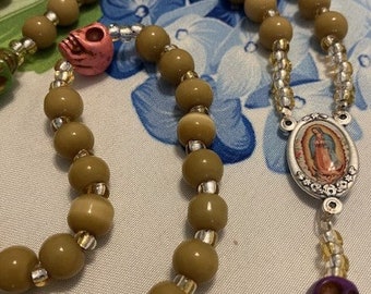 Catholic Rosary Skull Pater Beads Light Brown Beads Full Color Medal Lady of Guadalupe Special Silver Crucifix