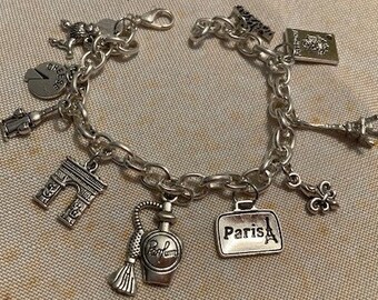 Charm Memory Bracelet France  11 Charms Silver Stainless Adjustable Eiffle Tower Passport French Poodle Wine and More