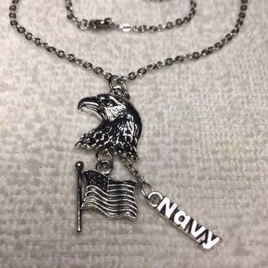 Navy Charm Necklace Stainless Chain Three Charms Eagle Navy American Flag