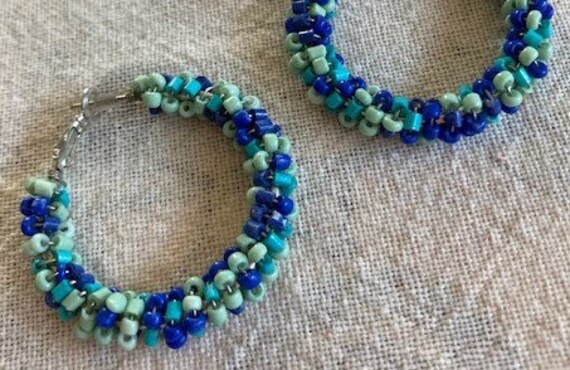 Earrings Turquoise Blue Hoops Vintage Seed Beads … - image 3