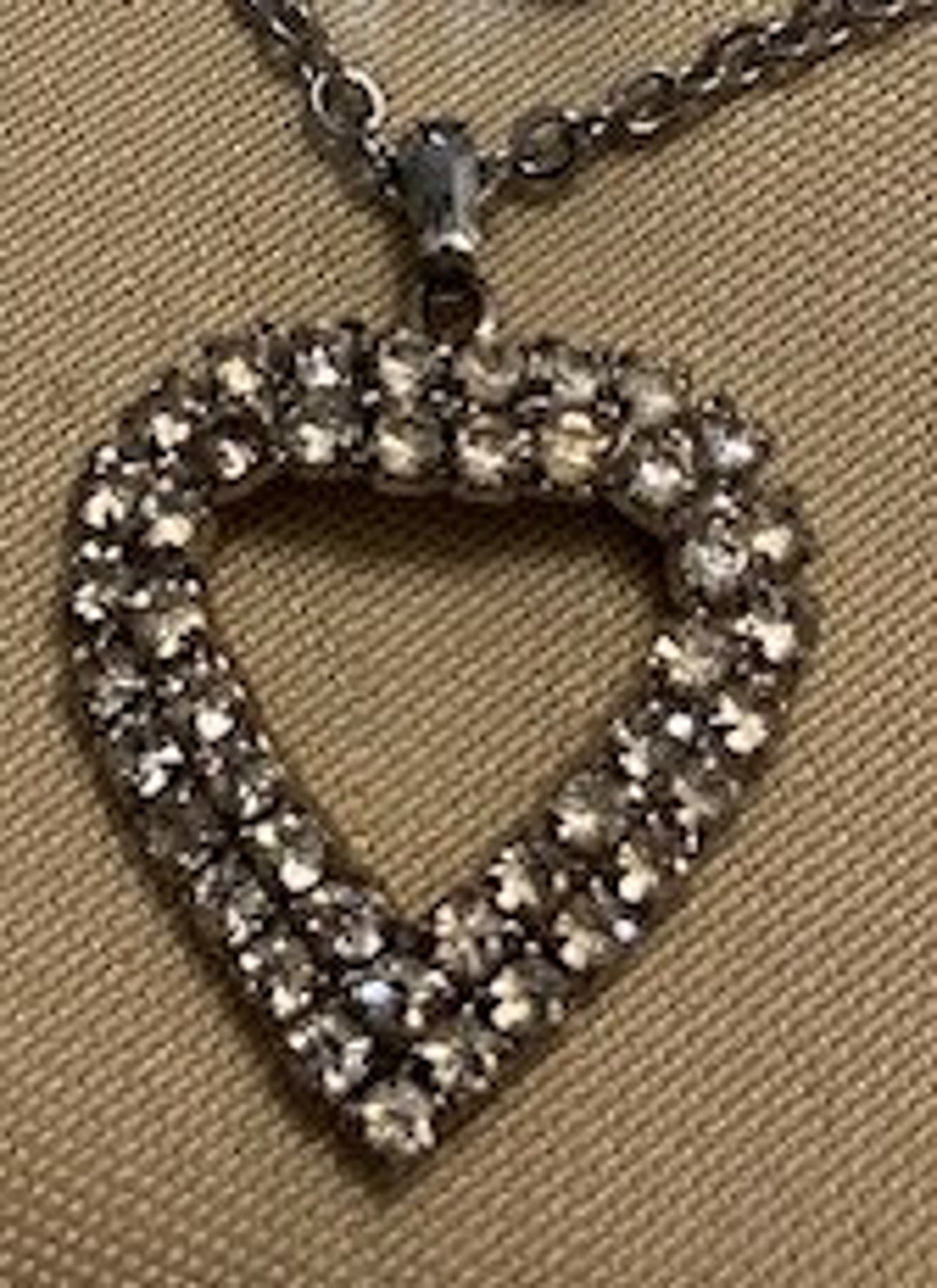 Silver Rhinestone Heart Necklace Silver Heart Rhinestones Set Open Style Vintage Stainless ...