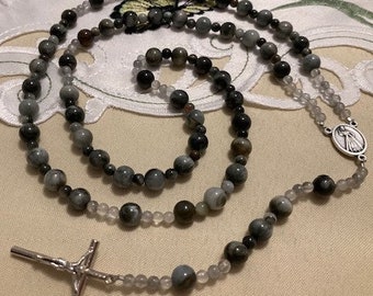 Catholic Rosary Rare Eagle Eye Beads Grays in Various Shades Divine Mercy Middle Medal Silver Crucifix
