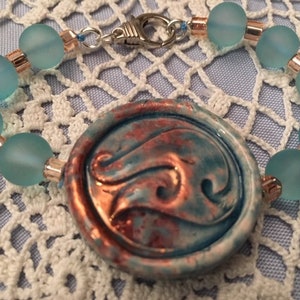 Maori Hook Porcelain Bracelet Frosted Aqua Beads Look Like Sea Glass Copper Spacers Clasp