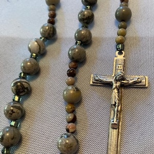 Catholic Rosary Map Jasper Black Grey Semi Precious Stone Beads Italian Silver Middle Medal St. Benedict and Crucifix