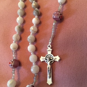 FREE SHIPPING Special Catholic Rosary Gray Agate Beads Milifiori  Pater Beads Czech Accents New  Italian Silver Medal Crucifix Necklace