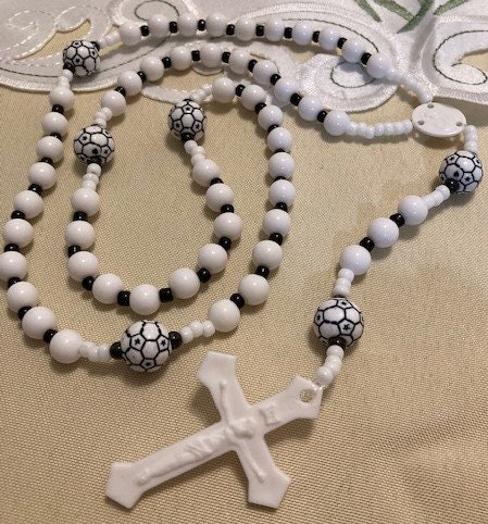 White Crystal Rosary Necklace With Miraculous Medal & Crucifix - Catholic