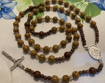 Catholic Rosary Brown Natural Picture Landscape Jasper Beads Italian Silver Middle Medal St. Joseph and Crucifix  Crystal Spacers