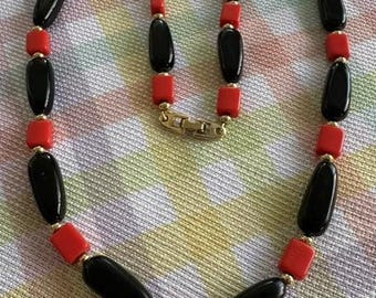 Necklace Red Black Beads Gold Spacers Napier On the Clasp Vintage