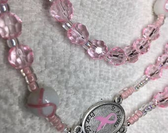 Rosary Breast Cancer Awareness Pink Crystal Beads Hand blown Pater Bead with Pink Ribbon Ribbon Medal Silver Crucifix
