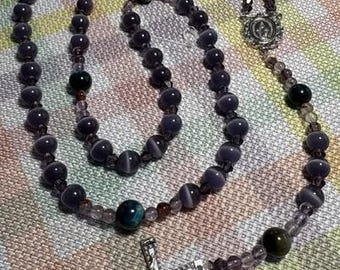 Catholic Rosary Purple Cat's Eye Beads Italian Silver Medal and Crucifix
