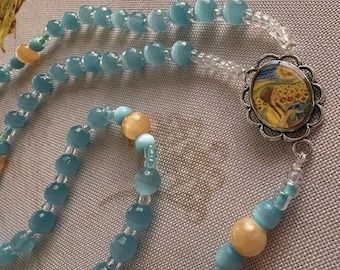 Catholic Rosary Cats Eye Beads Aqua Custom Color Medal St Lucy Italian Silver Crucifix