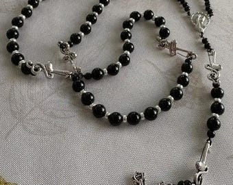 Catholic Rosary Black Obsidian Beads Music Note Treble Clef Pater Section Silver Medal Crucifix