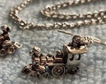 Jewelry Set Train Engine Three Dimentional Silver Necklace Earrings Stainless Chain