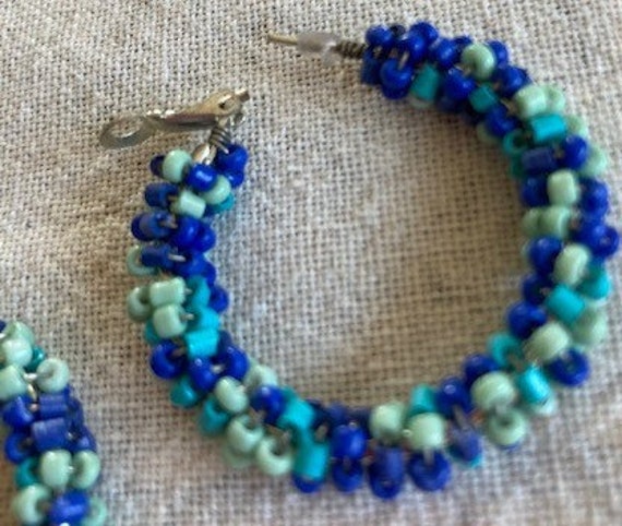 Earrings Turquoise Blue Hoops Vintage Seed Beads … - image 1
