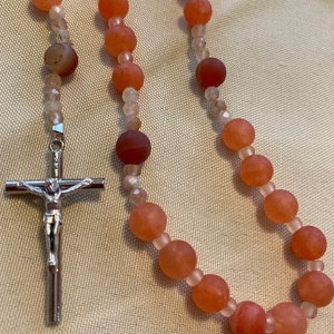 Catholic Rosary Orange Jade Bisque Finish Maori Hook Middle Silver Crucifix Striped Orange Agate Pater Beads