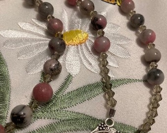 Catholic Rosary Mongolian Rhodonite Beads Beautiful Shads of Taupe, Gray, Pink Italian Silver Medal and Crucifix Czech Glass Spacers