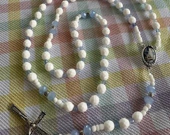 Catholic Rosary White Faceted Glass Beads Frosted Blue Accents and Pater Color Guardian Angel Middle Italian Silver Cross