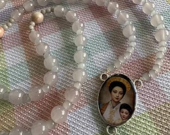 Catholic Rosary Our Lady of LaVang from Viet Nam Medal Gray Moonstone Beads Italian Silver Benedictine Crucifix