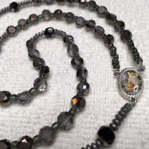Rosary First Communion Boys Fire Polished Smoke Black Beads Pewter Spacers  Guardian Angel Full Color Italian Silver Crucifix with FREE GIFT