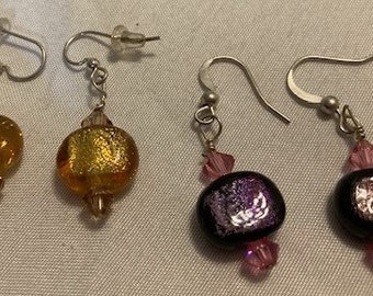 Lot 2 Pr Earrings Dichroic Beads 1 Pair and 1 Pair Gold Silver Lightweight