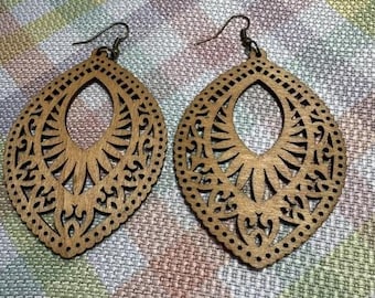 Earrings Wood Lazercut Design Large Drop Lightweight