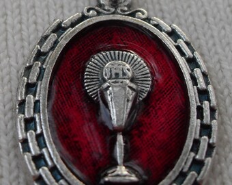 Silver Medal with Red Chalice and Host Perfect for First Communion Gift Bright Silver Snake Chain