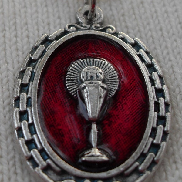 Silver Medal with Red Chalice and Host Perfect for First Communion Gift Bright Silver Snake Chain