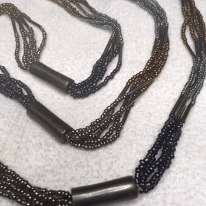 Necklace Long Vintage Copper Gunmetal Antique Silver Seed Beads Long Spacers Five Strands Mint Condition Looks Like it was never worn