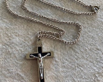 Crucifix Necklace Silver Black Background Stainless Steel Chain Italian Silver