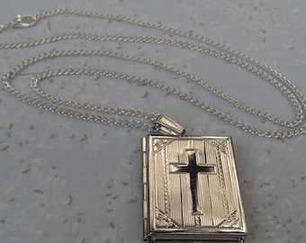 Locket Silver Square Looks Like a Bible on Stainless Chain Cross on Cover Large Enough for Real Photo Designs on Both Sides