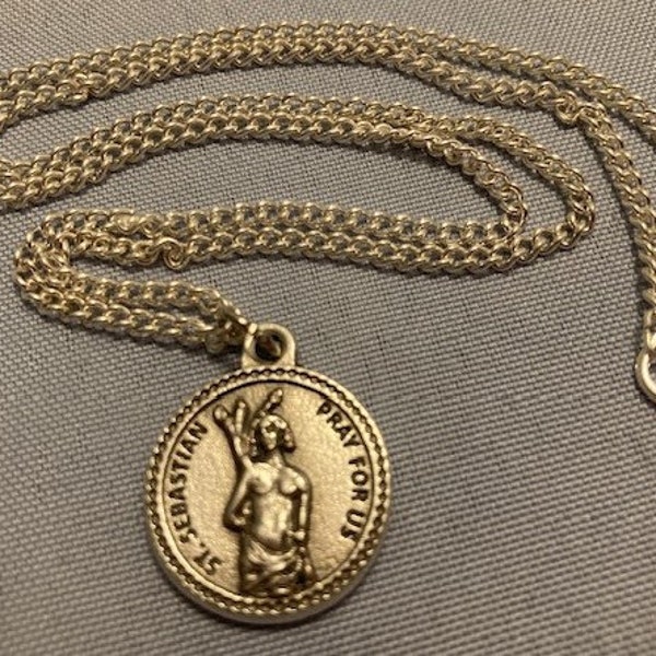 Medal St Sebastian Patron Saint of Sports and Athlete Silver Double Sided Neclace on Stainless Steel Chain