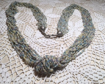 Vintage Necklace Long Seed Beads Multi-Strand Aqua Ivory Great Condition Treasure