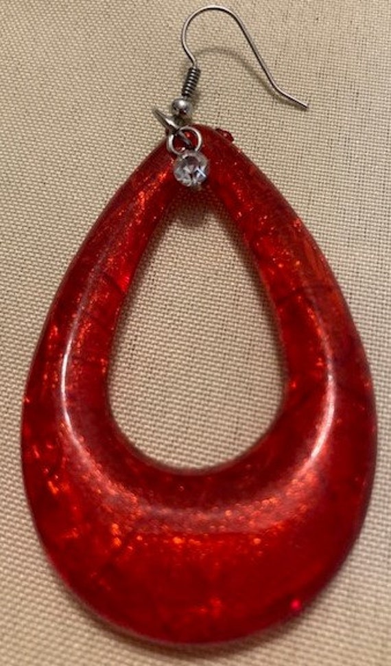 Earrings Red Vintage Teardrop Shape Large Acrylic… - image 2