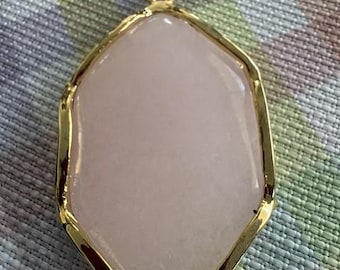 Necklace Pink Quartz Pendant Large Double Sided Set in Gold on Gold over Stainless Chain
