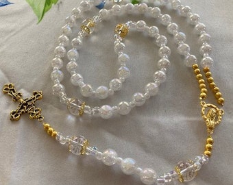 Catholic Rosary Set for Bride Rosary Earrings Bracelets Rainbow Crystal Quartz Beads Gold Accents 2 Stretch Bracelets Dangle Earrings