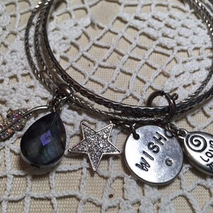 Vintage Bangle Bracelets with Several Charms some Bling Large Stone Interesting