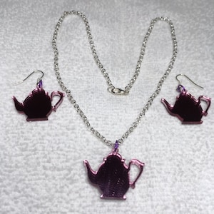 Jewelry Set Teapot Mirrors Pink Laser Cut Lightweight Stainles Necklace Matching Earrings