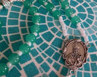 Catholic Rosary Green St Patrick Silver Middle Medal and Celtic Cross Special Pater Beads One of a Kind