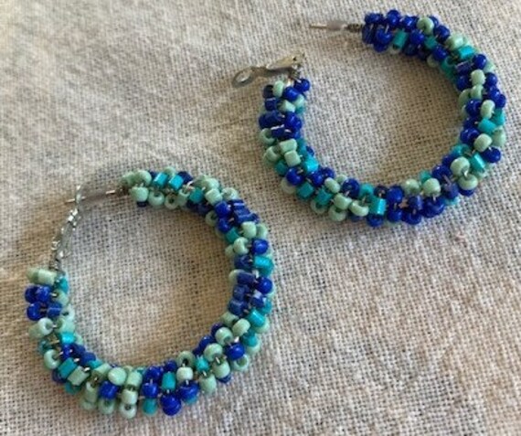 Earrings Turquoise Blue Hoops Vintage Seed Beads … - image 2