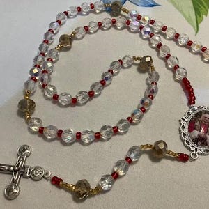 Catholic Rosary Pope Leo Faceted Clear Crystal Beads Red Gold Accent Beads Full Color Medal Papal Crucifix