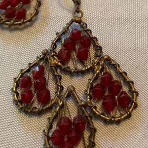 Earrings Vintage Dark Red Crystal Beads Bronze Dangle