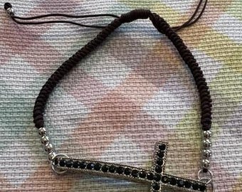 Braceket Brown Macrame Cord Silver Cross with Black Crystals adjustable